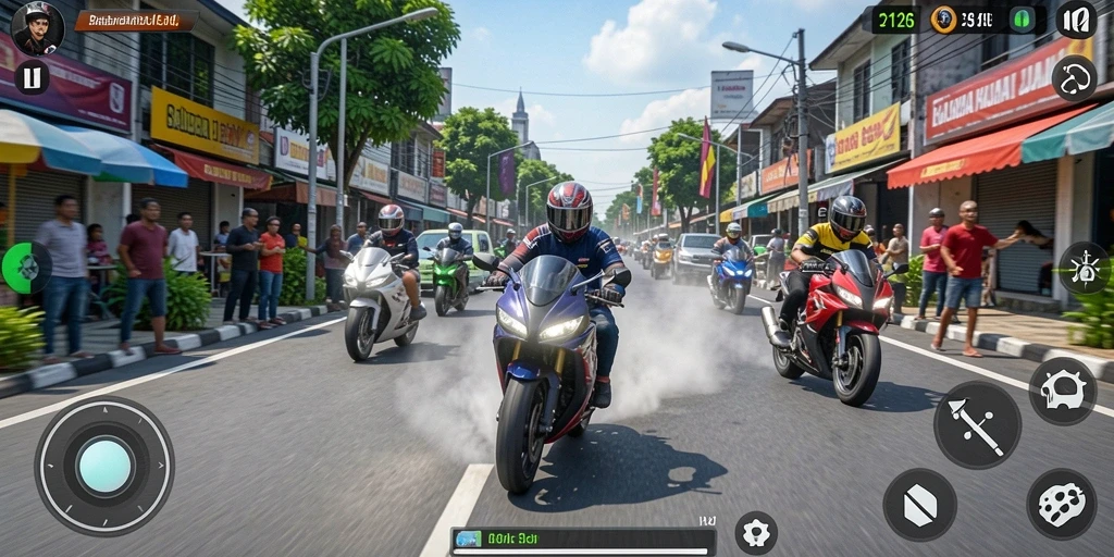Tampilan gameplay balapan motor yang seru dan mendebarkan.