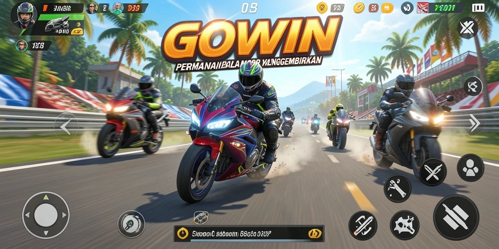 Screenshot GOWIN menampilkan aksi balapan motor yang intens dan grafis menawan.