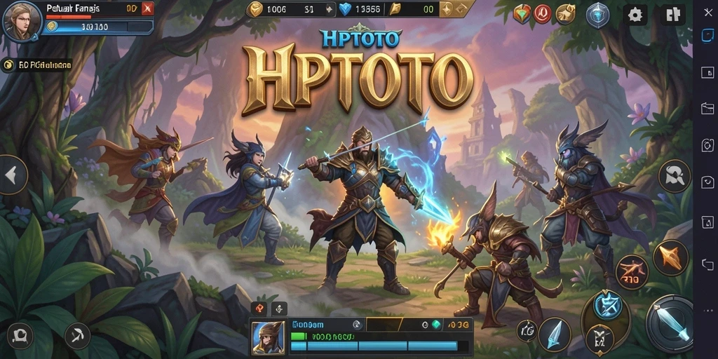 Screenshot utama HPTOTO memperlihatkan karakter dalam pertempuran epik di dunia fantasi.