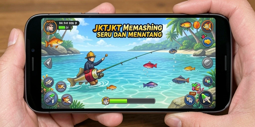 Screenshot gameplay JKTJKT menampilkan aksi memancing yang seru.