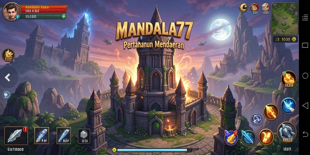 Screenshot MANDALA77 menampilkan aksi seru dalam pertahanan menara.