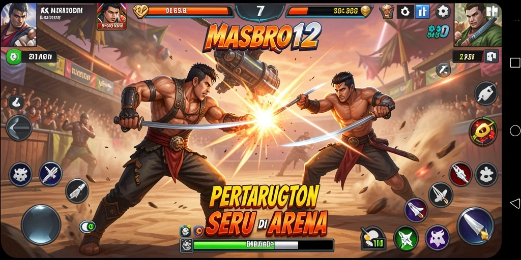 Tangkapan layar pertarungan seru di arena <strong>MASBRO12</strong> dengan karakter yang beraksi.