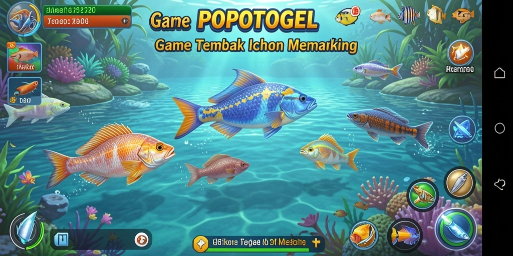 Screenshot gameplay Tembak Ikan POPOTOGEL dengan ikan yang berwarna-warni.