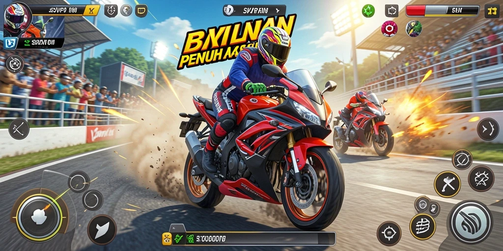 Tampilan gameplay balapan motor yang seru dan mendebarkan.